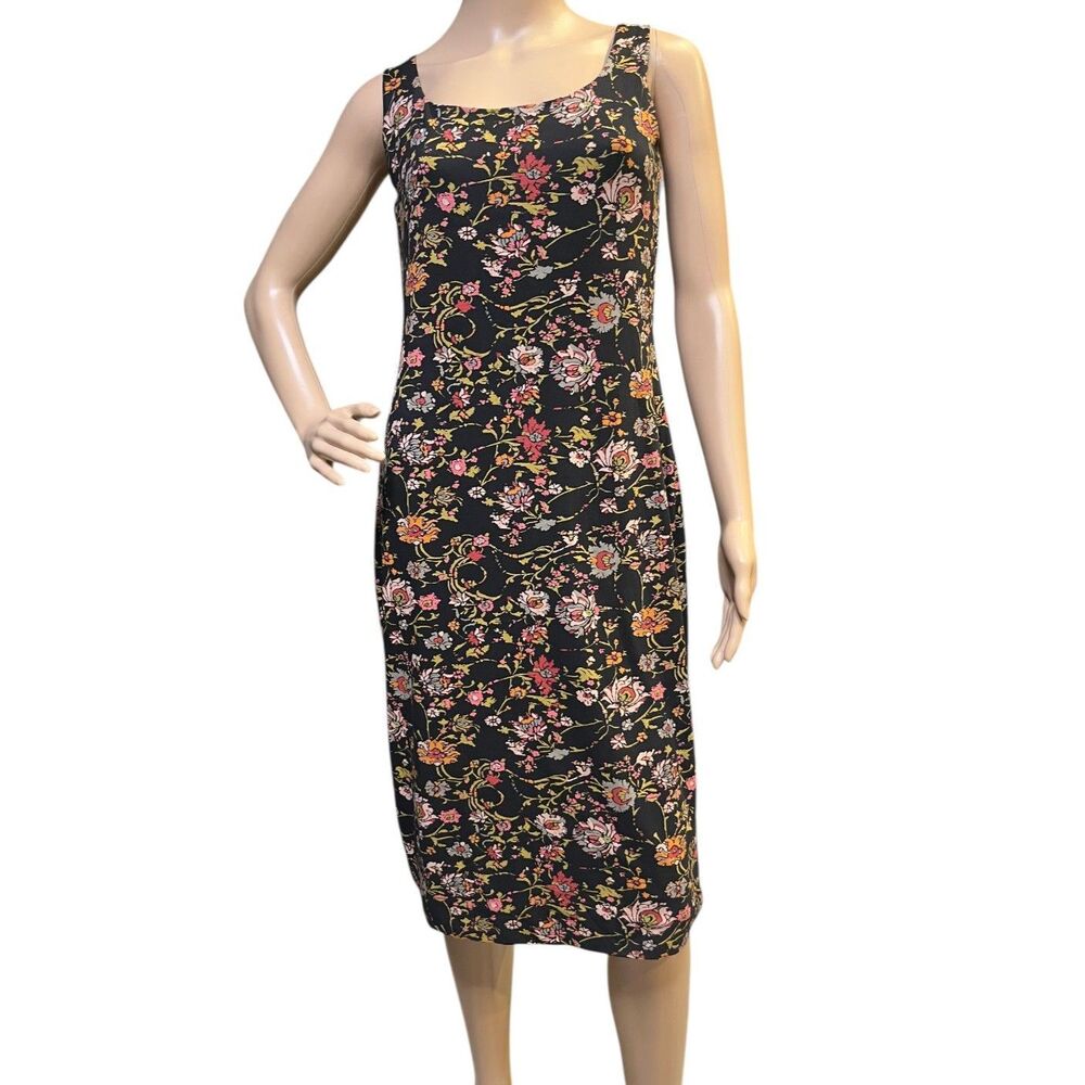 Peruvian Connection Black Floral Meadow Sheath Midi Dress Sz M